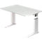 A white height-adjustable desk standing against a white background.