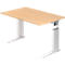 A bright, height-adjustable desk, made of wood and metal, on a white background.