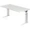 White height-adjustable desk, view from an oblique angle. Two silver legs. Right side with holes.