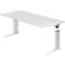 White, height-adjustable desk on a white background, bird's eye view.