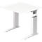 White, height-adjustable desk. Square tabletop on silver frame.