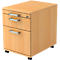 Beige rolling cabinet with three drawers. The handles are silver-colored, on wheels.