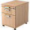 Light brown mobile pedestal with three drawers, silver handles, and wheels.
