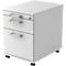 White mobile pedestal with two drawers and silver handles.