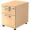 Light wood roll container with three drawers and castors.
