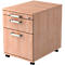 Light brown office cabinet on wheels with three drawers and silver handles.