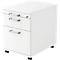 White rolling file cabinet with three drawers, silver handles, and wheels.