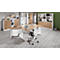 Modern office with light wood desk and cabinets. A laptop is ready. An office chair stands in front of it.