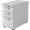 White pedestal with three drawers, silver handles and lock. Black feet.
