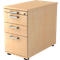 Light brown file cabinet with three drawers, silver handles, and a lock.