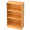 Three-part bookcase made of light brown wood, with three shelves.