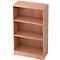 A wooden bookshelf with three shelves, against a white background. The wood has a light grain.