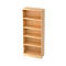 Beige wooden bookshelf with five shelves. The bookshelf is empty and stands against a white background.