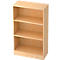 Beige bookshelf with three shelves. Smooth wood grain.