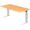 Height-adjustable desk, wooden top, white legs.
