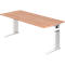 A height-adjustable desk with a light wood frame and white metal frame.