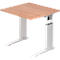 A height-adjustable desk with a light brown tabletop and white legs.