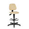 An adjustable height work chair with wooden back and seat, black frame, and footrest.
