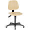 Beige office chair with wooden back, black base and wheels.