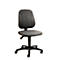 A grey office chair against a white background. The chair has a fabric back and seat, and a black frame with wheels.