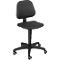 Black swivel chair with backrest, seat and wheels.