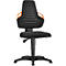 Black office chair with orange armrests and a high back. The chair is set against a white background.