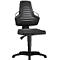 Black office chair, ergonomically designed, padded backrest, armrests, height adjustable.