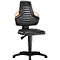 Black office chair with orange armrests. The chair has a padded backrest and seat.