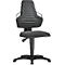Front view of a black office chair. High backrest with armrests, seat, and base.