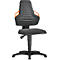 Black office chair with high back and orange armrests. Seat and back are upholstered. The chair stands on a black base.