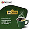 Green coffee cup with hot coffee, steam rising. Jacobs logo and advertising text.