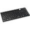 Schwarze Tastatur mit weißen und blauen Tasten und Kensington-Logo.