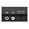 Rückseite eines Audiogeräts mit RCA-Anschlüssen (rot, weiß) und einem Phono-EQ-Schalter für Thru oder On.