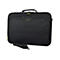Schwarze Laptoptasche mit gelben Reißverschlüssen und Ziernähten. Sie hat einen Schultergurt und einen Tragegriff.