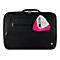 Schwarze Laptoptasche mit gelben Akzenten und einem Preisschild. Auf dem Schild steht 'techair 15.6' und 'Clam-shell case'.