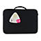 Schwarze Laptoptasche mit Tragegriff und Etikett. Etikett mit Produktinfos und rotem Logo.