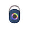 Blauer, ovaler Bluetooth-Lautsprecher mit Karabinerhaken und kreisförmiger, leuchtender RGB-Beleuchtung.