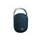 Blauer, ovaler Bluetooth-Lautsprecher mit integriertem silbernem Karabiner vor weißem Hintergrund.
