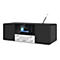 Schwarzes DAB+ Radio, Display mit Sendersymbolen und Radiotext, silberne Bedienelemente, Antenne steht ab.
