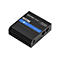 Ein schwarzes RUT200-Modem mit blauen Akzenten, Anschlüssen und weißen Beschriftungen.