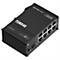 Schwarzer Netzwerk-Switch TSW040 mit Anschlüssen und Beschriftung. Links steht PoE Out, rechts die Ports und die Marke.