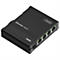 Schwarzer Teltonika TSW304 Netzwerk-Switch in Metallgehäuse mit vier Ethernet-Anschlüssen vor weißem Hintergrund.