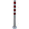 White and red striped, cylindrical barrier standing on a round base.