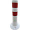 Cylindrical white and red bollard with a round base. Three red stripes on a white base.
