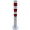 White and red striped bollard. Base with corrugated surface, green logo.
