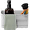 Organisateur de cuisine gris avec brosse à vaisselle, distributeur de savon, torchon.