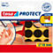 Produktverpackung mit Filzgleitern und einem Anwendungsbeispiel mit Stuhl. Durchmesser 18mm, tesa PROTECT.