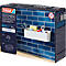 Tesa Boxset für die Küche, weisses Regal mit Inhalt an blauer Wand. Text: Flexibles Organisationssystem ohne Bohren.