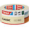 Beige Tesafilm-Rolle. Aufschrift: tesa, CLASSIC, 50m x 50mm, FSC-Siegel. Symbole mit Häkchen und Kreuz.