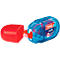 Ein geöffneter, blauer tesa Klebestift mit roter Kappe, Recycling-Symbol.